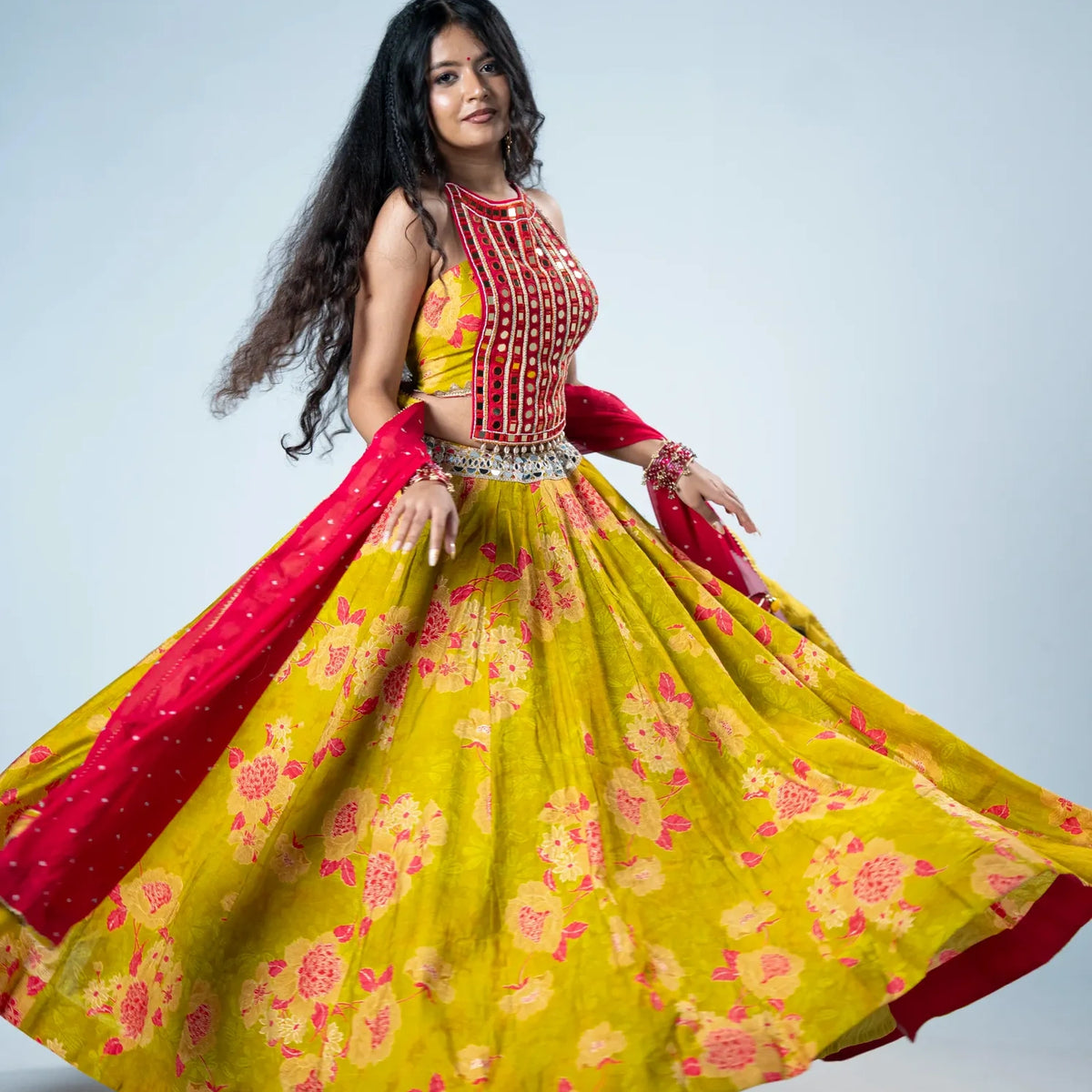 Lime Green Floral Chaniya Choli