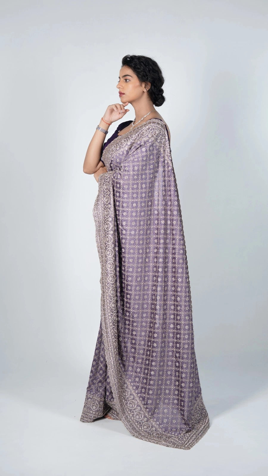 Lavender Stardust Stonework Saree with Stitched Designer Blouse