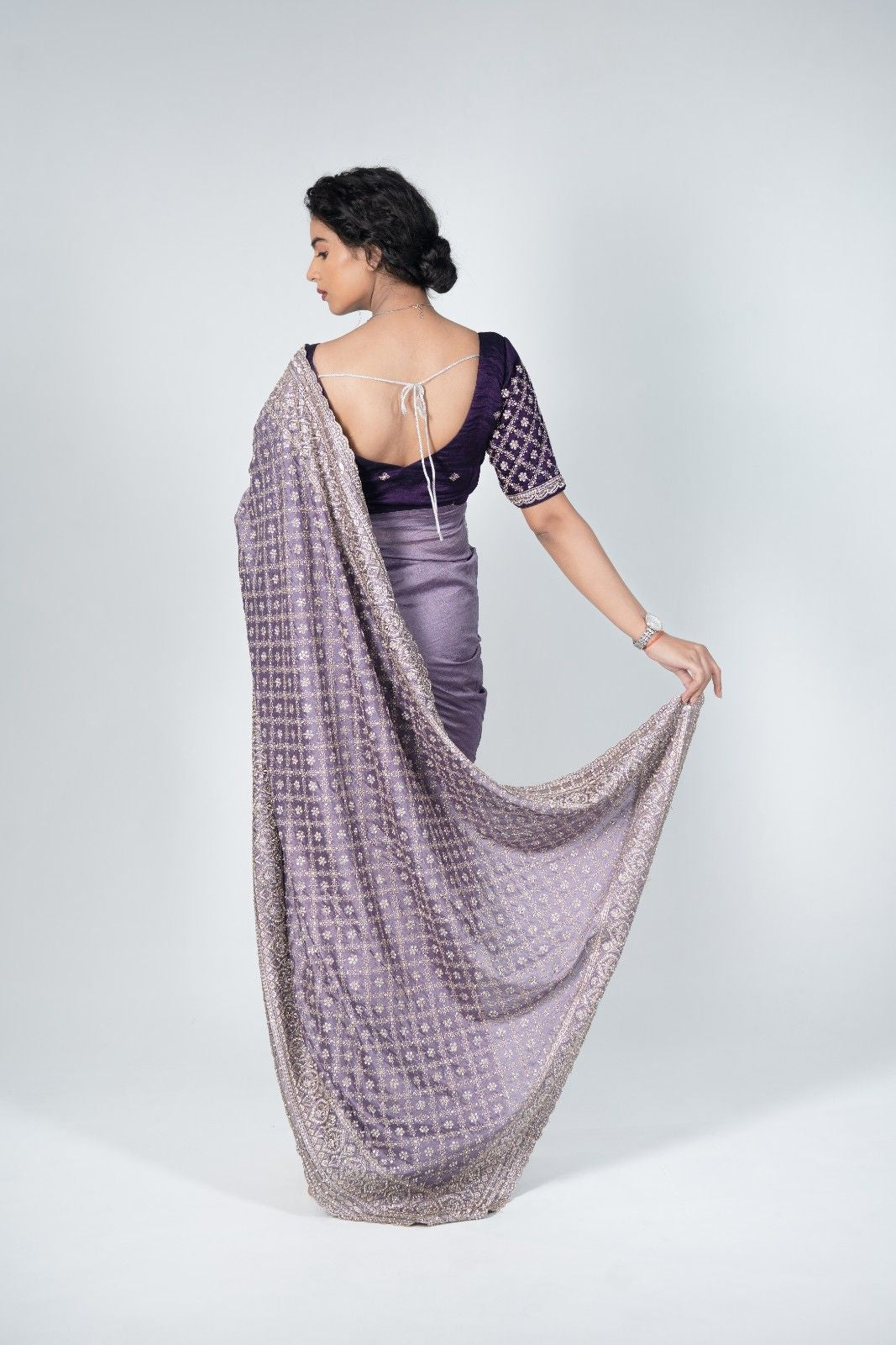 Lavender Stardust Stonework Saree with Stitched Designer Blouse