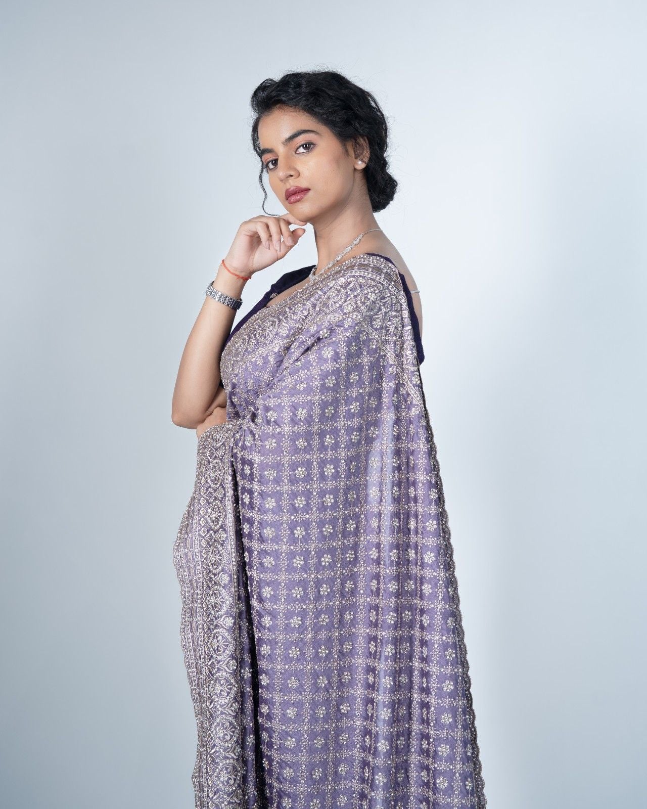 Lavender Stardust Stonework Saree with Stitched Designer Blouse