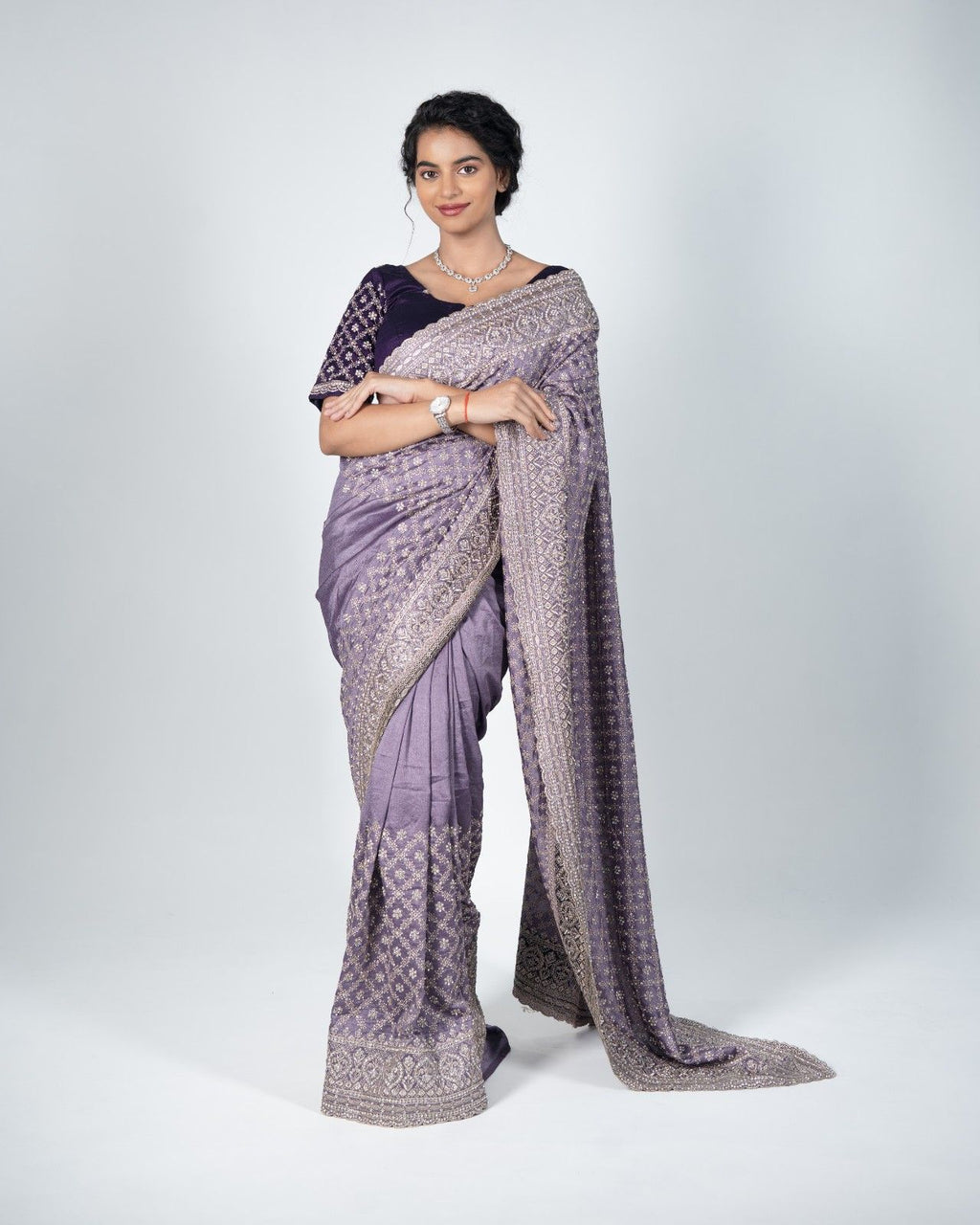 Lavender Stardust Stonework Saree with Stitched Designer Blouse